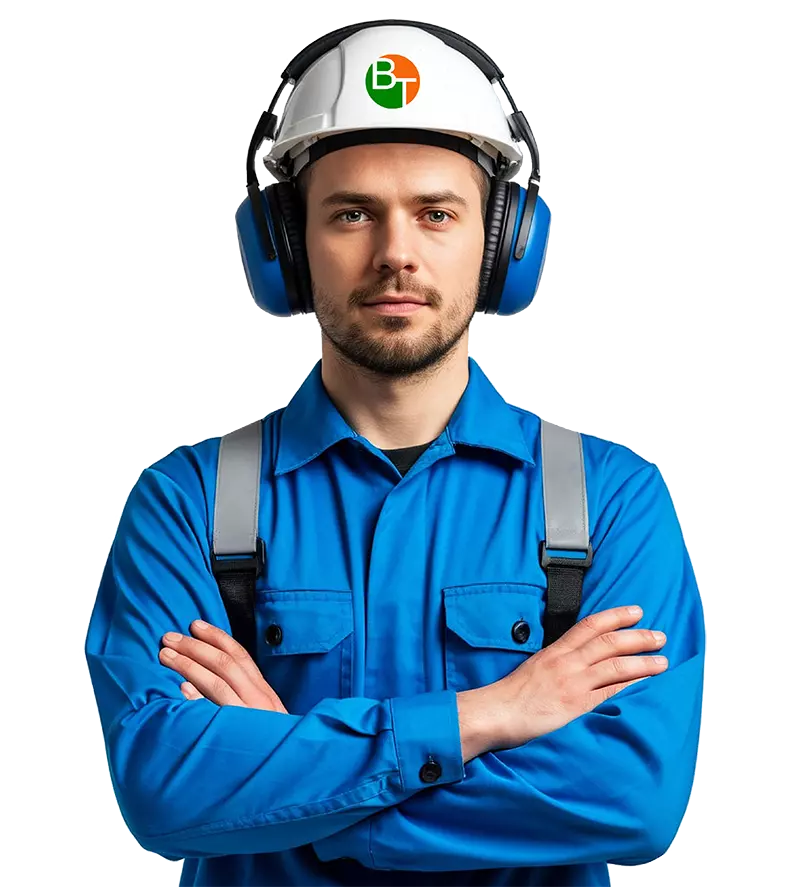 рабочий в наушниках синих мал